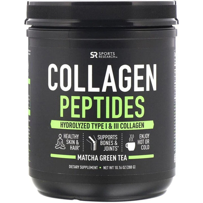 Sports Research, Peptide de colagen, tip I și III hidrolizate, ceai verde Matcha, 288 g