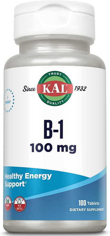 KAL Vitamin B1 100 mg, Thiamine Supplement for Metabolism, Healthy Energy 100 Tablets