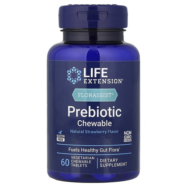 Life Extension, Florassist®, Prebiotic Chewable, Natural Strawberry, 60 Vegetarian Chewable Tablets (1,400 mg per Tablet)