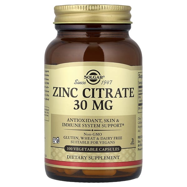 Solgar, Zinc Citrate, 30 mg, 100 Vegetable Capsules