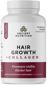 Ancient Nutrition Hair Growth + Collagen Supplement, Hydrolyzed Collagen Peptides, Clinically Studied Superfoods for Hair Growth Support, Thicker, Fuller Hair and Radiant Skin, 60 Count