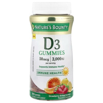 Nature's Bounty, Vitamin D3 Gummies, Strawberry, Orange & Lemon, 50 mcg (2,000 IU), 90 Gummies (25 mcg (1,000 IU) per Gummy)