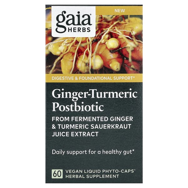 Gaia Herbs, Ginger-Turmeric Postbiotic, 60 Vegan Liquid Phyto-Caps (0.6 g per Cap)