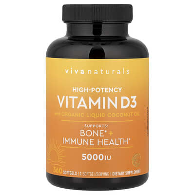 Viva Naturals, Vitamin D3 with Organic Liquid Coconut Oil, High-Potency, 5,000 IU, 360 Softgels