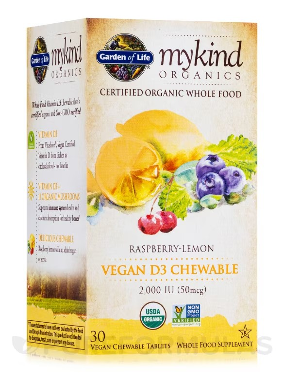 garden of life mykind organics vegan d3 chewable, garden of life mykind chewable vitamin, d3, Raspberry Lemon 30 ct
