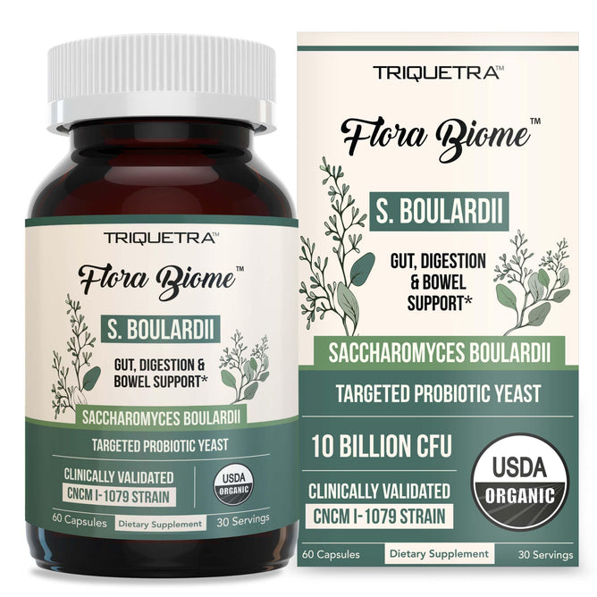 Organic Saccharomyces Boulardii - 10 Billion CFU - Clinically Validated CNCM I-1079 Probiotic Strain - Gut, Digestion Healthy Bowel Support - First Organic Form of S. Boulardii Probiotic - 60 Count