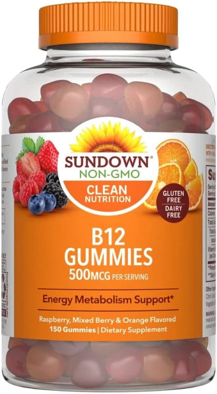 Sundown Vitamin B-12 Gummies, Energy Metabolism Support, Raspberry, Mixed Berry and Orange Flavored, 150 Ct