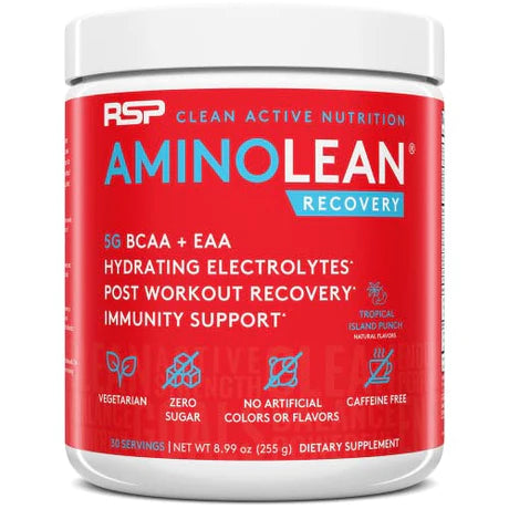 RSP Nutrition AminoLean Recovery - Post Workout BCAAs Amino Acids Supplement + Electrolytes, BCAAs and EAAs for Hydration Boost, Immunity Support - Muscle Recovery Drink, Vegan Aminos, Tropical Punch