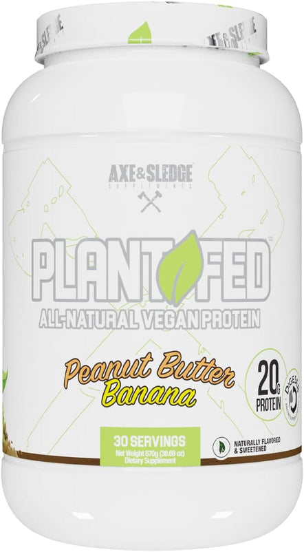 Axe & Sledge Plant Fed Vegan Protein Powder, Naturally Flavored and Sweetened, 20 Grams Protein, 30 Servings (30 Servings, Peanut Butter Banana)