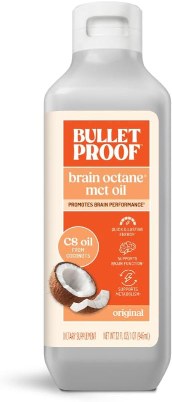 Bulletproof Brain Octane C8 MCT Oil, 32 oz – 100% Pure Coconut Oil, Triple-Distilled Keto Energy Supplement for Coffee & Smoothies, Unflavored, No Additives or Fillers, Non-GMO