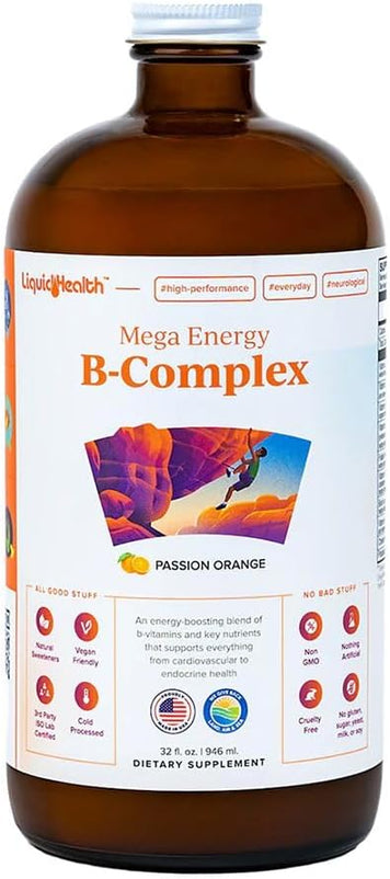 LIQUIDHEALTH 32 Oz Vitamin B Complex Liquid Multivitamin for Women & Men, Super B Complex, Mega B Vitamins Energy Supplement with B1, B2, B3, B5, B6, Methyl B12 Liquid, Folate & Biotin