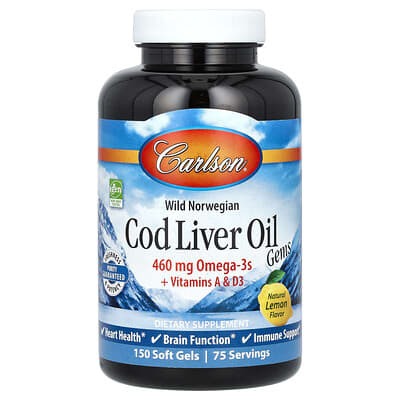 Carlson, Wild Norwegian, Cod Liver Oil Gems, Natural Lemon, 150 Soft Gels