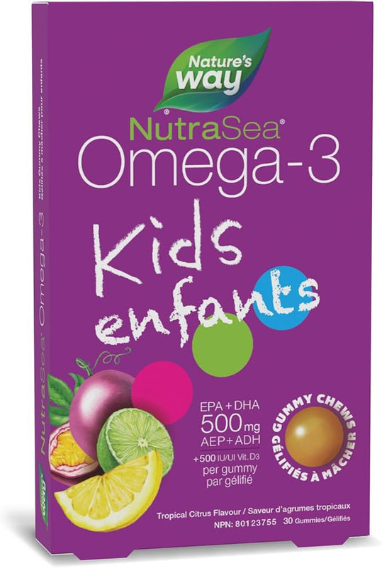 Nature's Way NutraSea Omega 3 Kids Gummy Chews Supplement with Fish Oil – Tropical Citrus Flavour – Brain, Bone & Immune Support for Kids Ages 3+ – 500mg EPA & DHA + 500IU Vitamin D3, 30 Gummies