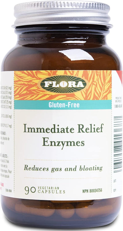 Flora Health Immediate Relief Digestive Enzymes with Lactase, Enhances Digestion & Provides Relief for Lactose Intolerance, Gluten-Free, Non-GMO, Vegetarian Capsules Glass Bottle (90)