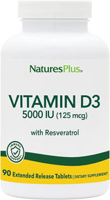 NaturesPlus Vitamin D3, Extended Release - 90 Vegan Tablets - 5000 IU + 25 mg Trans-Resveratrol - Heart & Bone Health, Immune System Support, Anti-Aging - Gluten Free - 90 Servings