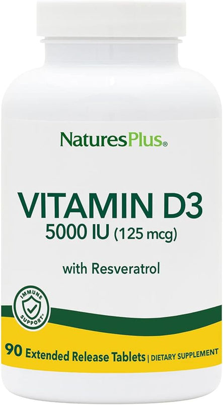 NaturesPlus Vitamin D3, Extended Release - 90 Vegan Tablets - 5000 IU + 25 mg Trans-Resveratrol - Heart & Bone Health, Immune System Support, Anti-Aging - Gluten Free - 90 Servings
