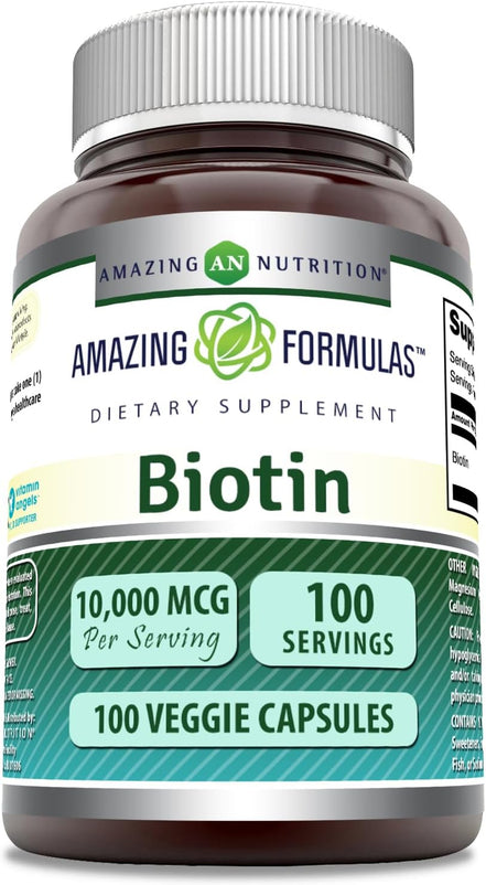 Amazing Formulas Biotin Supplement - 10,000mcg - 100 Capsules (Non-GMO,Gluten Free) - Supports Healthy Hair, Skin & Nails - Promotes Cell Rejuvenation