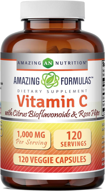 Amazing Formulas Vitamin C (Ascorbic Acid) 1000 Mg with Rose HIPS & Citrus Bioflavonoids | Veggie Capsules Supplement | Non-GMO | Gluten Free | Made in USA (120 Count)