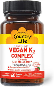 Country Life® Vegan K2-500 mcg, 60 Ct. Chewable Tablets. Strawberry Flavor - Certified Gluten Free - Certified Vegan by AVA – to Support Bone Health