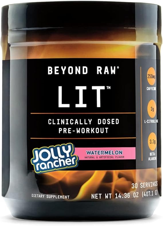 BEYOND RAW LIT | Clinically Dosed Pre-Workout Powder | Contains Caffeine, L-Citruline, and Beta-Alanine, Nitrix Oxide and Preworkout Supplement | Jolly Rancher Watermelon | 30 Servings