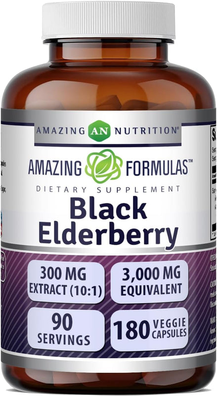 Amazing Formulas Sambucus Black Elderberry 300 Mg | Standardized 10:1 Extract | 180 Veggie Capsules | 3000 Mg Equivalent Supplement | Non-GMO | Gluten-Free | Made in the USA