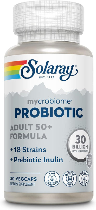 SOLARAY Mycrobiome Probiotic Adult 50 Plus Formula, Probiotics for Women and Men, Healthy Digestion, Metabolism, Energy, Colon and Urinary Tract Support, 30 Billion CFU, 30 Servings, 30 VegCaps