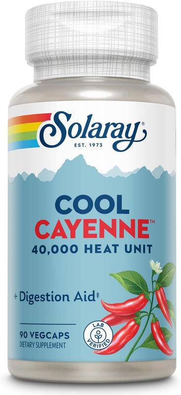 SOLARAY Cool Cayenne 40,000 Heat Units - Cayenne Pepper Supplement with Capsaicin for Women and Men - Digestion Aid - Bio-Cool Formula with Ginger - Lab Verified - 45 Servings, 90 VegCaps