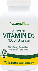 NaturesPlus Vitamin D3 (1000 IU) - 90 Chewable Tablets, Maui Berry Burst Flavor - Vegetarian, Gluten Free - 90 Servings