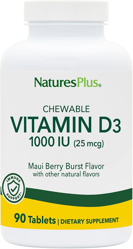 NaturesPlus Vitamin D3 (1000 IU) - 90 Chewable Tablets, Maui Berry Burst Flavor - Vegetarian, Gluten Free - 90 Servings