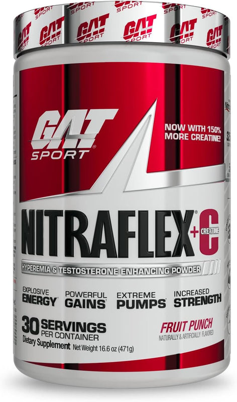 GAT SPORT Nitraflex + C Creatine Pre Workout Supplement for Strength and Endurance, Fruit Punch, 30 Servings
