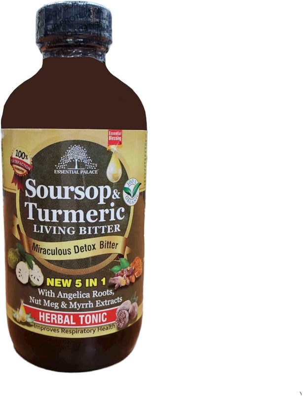 Soursop & Turmeric Living Bitter 5 in 1 with Angelica Roots, Nut Meg & Myrrh Extracts Hebal Tonic 8oz