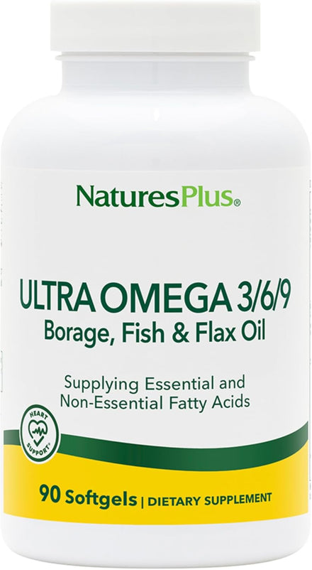 NaturesPlus Ultra Omega 3/6/9 - Borage, Fish & Flax Oil Supplement - 90 Softgels - Gluten Free - 90 Servings