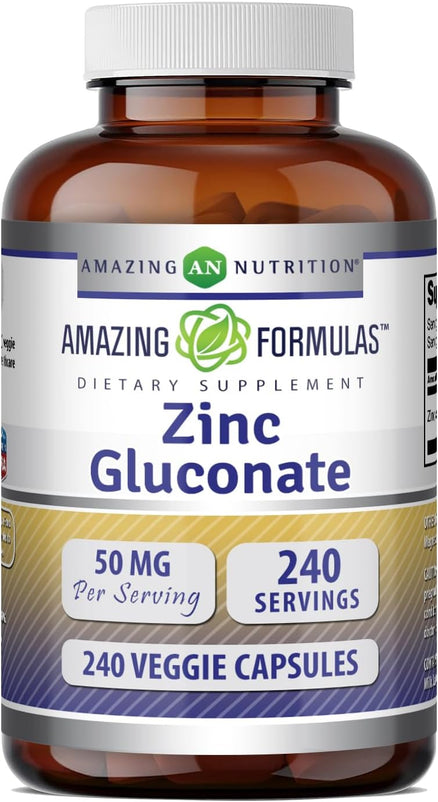 Amazing Formulas Zinc Gluconate | 50 Mg per Serving | 240 Vegetarian Capsules | Mineral Supplement | Non-GMO | Gluten-Free | Made in USA