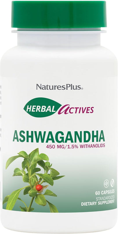 NaturesPlus Herbal Actives Ashwagandha 450 mg - 60 Vegetarian Capsules - Prescription Quality - Gluten Free - 60 Servings