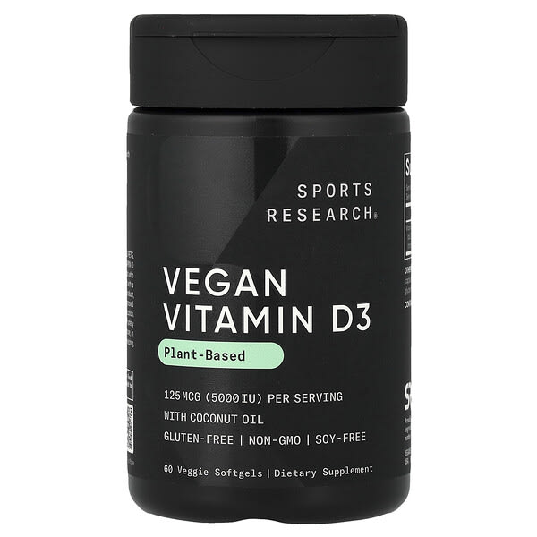 Sports Research, Vegan Vitamin D3, 125 mcg (5,000 IU), 60 Veggie Softgels