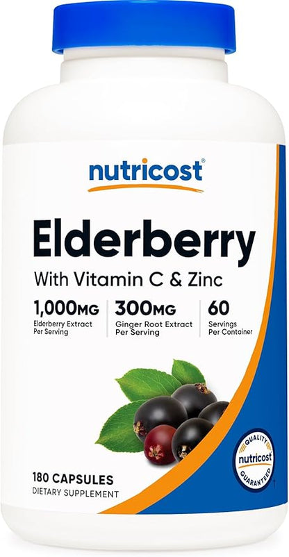 Nutricost Elderberry & Ginger Root Extract (1,300mg) with Vitamin C (500mg), Zinc (25mg) & Vitamin D (125mcg) 180 Capsules - Vegetarian-Friendly Supplement, GMO-Free, Gluten-Free, 60 Servings