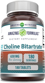 Amazing Formulas Choline Bitartrate Supplement | 650 Mg | 180 Tablets | Non-GMO | Gluten-Free | Made in USA