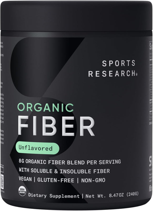 Sports Research® Organic Fiber Unflavored – Organic Fiber Powder - Daily Psyllium Husk and Prebiotic Agave Inulin, Helps Maintain Regularity* with Soluble & Insoluble Fiber - Easy to Mix, 30 Servings
