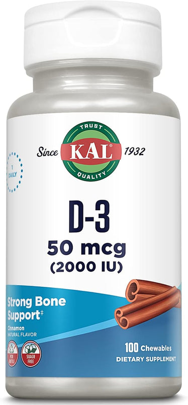 KAL Vitamin D3 Chewables 50 mcg, Vitamin D 2000 IU as Cholecalciferol, Sugar Free, Natural Cinnamon Flavor D3 Vitamin, Immune Support & Bone Health, 100 Servings, 100 Chewables