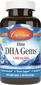 Carlson - Elite DHA Gems, 1000 mg DHA, Wild Caught, Sustainably Sourced, Brain Function & Healthy Vision, 60 Softgels