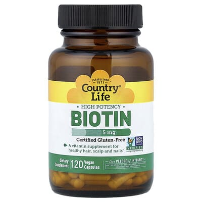 Country Life, Biotin, High Potency , 5 mg, 120 Vegan Capsules