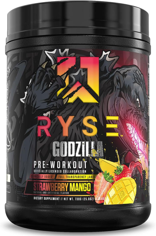 RYSE Godzilla X Noel Deyzel Pre Workout Powder - Strawberry Mango - 400mg Caffeine, High Stim Pre-Workout for Men & Women with Citrulline & Beta Alanine - Energy, Pump & Focus - 20/40 Servings