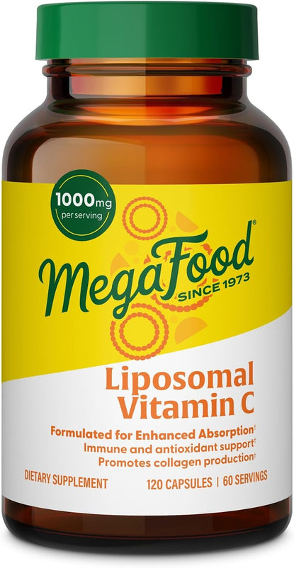 MegaFood Liposomal Vitamin C 1000mg Per Serving - Collagen Production & Immune Support Supplement - High Potency Formula - Superior Absorption & Gentle On Stomach -120 Vitamin C Capsules, 60 Servings