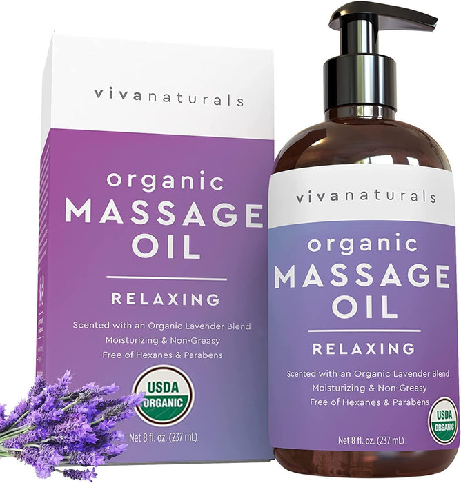 Viva Naturals Organic Massage Oil (8 fl. oz.) Lavender Scented Relaxing Body Massage Oil
