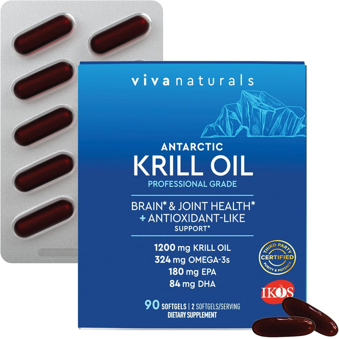 Viva Naturals Antarctic Krill Oil, 1200 mg – Omega-3 DHA & EPA with Astaxanthin for Joint Health, No Fish Burp, 90 Softgels