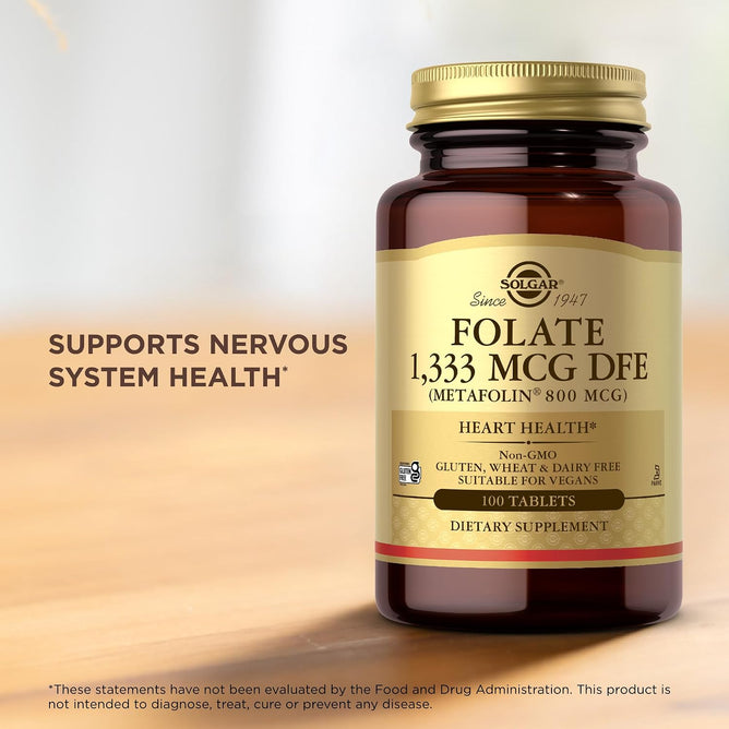 Solgar Folate 1,333 mcg DFE (Metafolin 800 mcg) - 100 Tablets, Prenatal Vitamin - Non-GMO, Gluten Free, Dairy Free, Kosher - 200 Total Servings