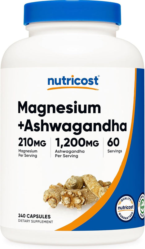 Nutricost Magnesium + Ashwagandha Supplement (1410mg) 240 Capsules - 210mg of Magnesium, 1,200mg of Ashwagandha, Vegan, 60 Servings
