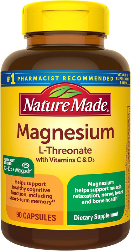 Nature Made Magnesium L-Threonate with Vitamin C & Vitamin D3, Provides 130 mg of Magnesium from 1800 mg Magnesium L Threonate, Cognitive Support Magnesium Supplement, 60 Capsules, 30 Day Supply