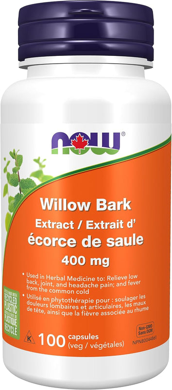 NOW Supplements, White Willow Bark 400 mg with 15% Salicin, Standardized Extract, 100 Veg Capsules