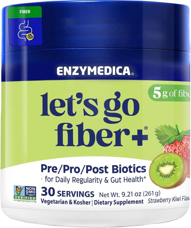 Enzymedica Let's Go Fiber+ Powder Supplement for Women & Men - Daily Digestive & Gut Health Support, Prebiotic, Probiotic, & Postbiotic Blend, Sugar-Free Drink Mix - Strawberry Kiwi Flavor, 9.21 oz